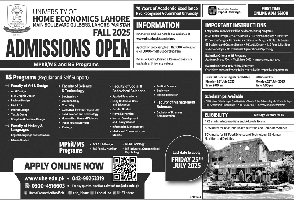 Admission Open in University of Home Economics Lahore-1